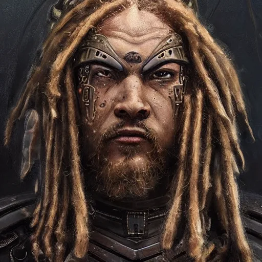 Prompt: Portrait of a man by Greg Rutkowski, a young, strong and hard-eyed futuristic warrior with brown hair with dreadlocks, wearing a futuristic space tactical gear that looks like a mix between the samurai, viking and templar aesthetics, mix between tribal and hi-tech, highly detailed portrait, scifi, space opera, digital painting, artstation, concept art, smooth, sharp foccus ilustration, Artstation HQ