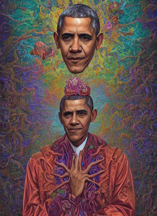 Image similar to beautiful oil painting, full length portrait of Barack Obama in coronation robes 1701, baroque, Dan Mumford, Dan Mumford, Alex grey, Alex grey, highly detailed , lsd visuals, dmt fractal patterns, hallucinogen, visionary art, psychedelic art, ornate, vaporwave, baroque