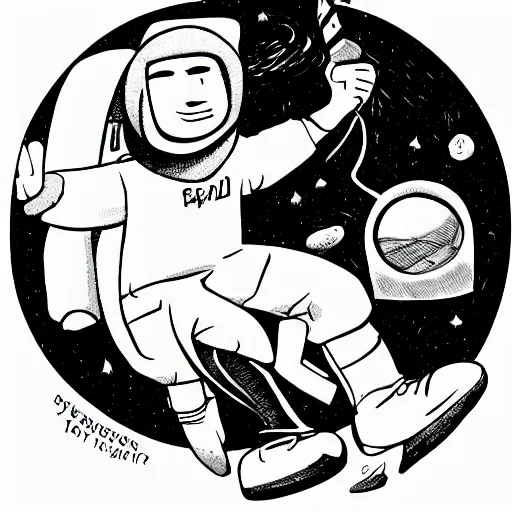 Prompt: Cartoon, Illustration, Ink, Man playing discgolf in space,