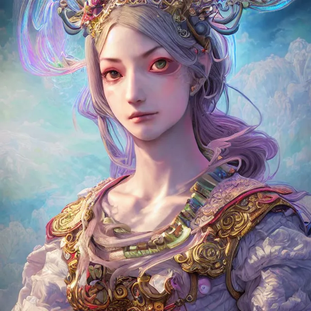 Prompt: studio portrait of the neutral good rainbow colorful female cleric bard healer as absurdly beautiful, elegant, realistic young skinny european gravure idol, an ultrafine hyperdetailed illustration by kim jung gi, intricate linework, detailed faces, sharp focus, bright colors, octopath traveler, final fantasy, unreal engine 5 highly rendered, global illumination, radiant light, detailed and intricate environment