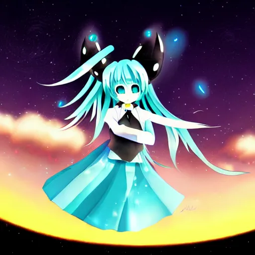 Prompt: pixiv artwork of hatsune miku flying through the night sky