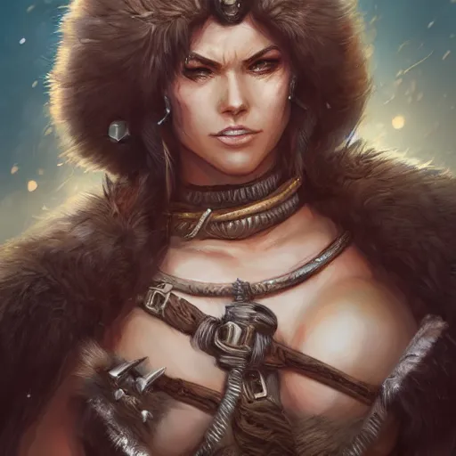 Image similar to female barbarian warrior in furs, art by artgerm and greg rutkowski and magali villeneuve, d & d, fantasy, portrait, highly detailed, headshot, digital painting, trending on artstation, concept art, sharp focus, illustration