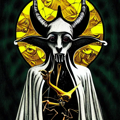 Prompt: graphic illustration, creative design, baphomet as a nun, biopunk, francis bacon, highly detailed, hunter s thompson, concept art