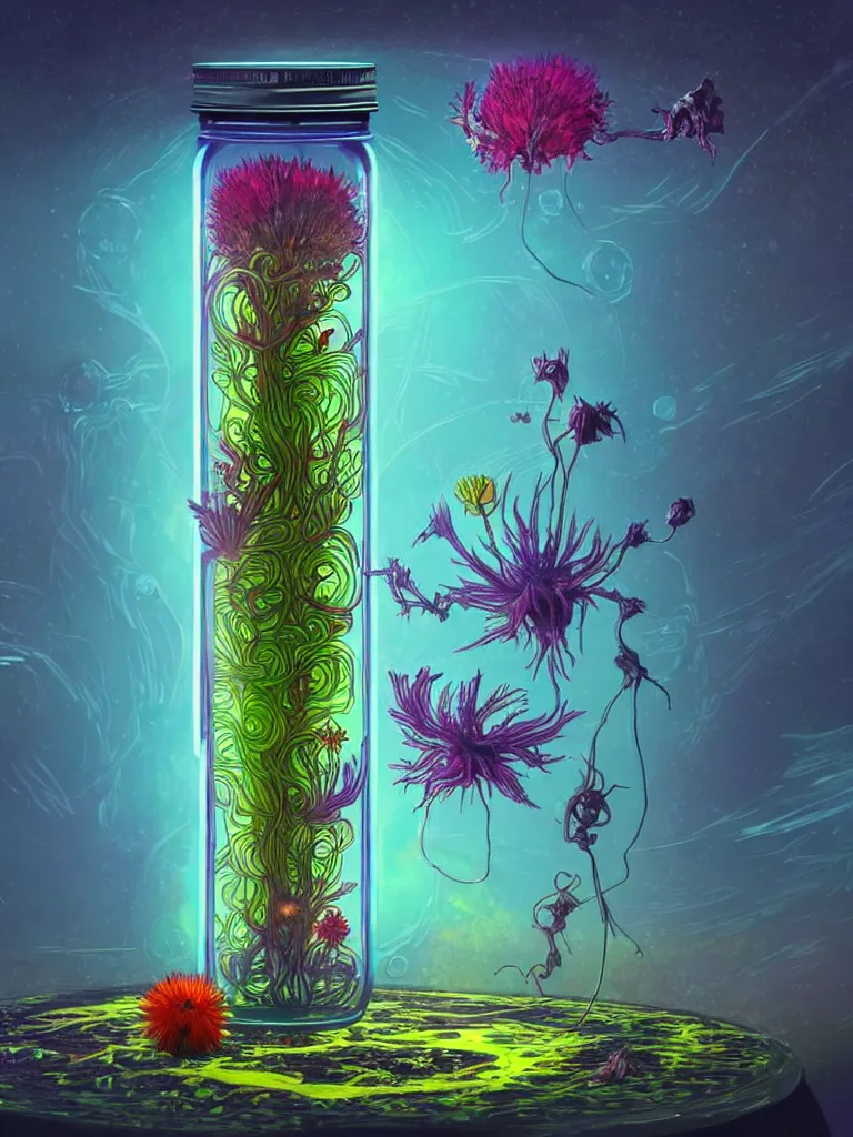 Image similar to concept art. illustration. sci - fi. multicolour strange weird plants and flowers from a different planet in a closed jar. high sci - fi. holographic, beautiful, ethereal