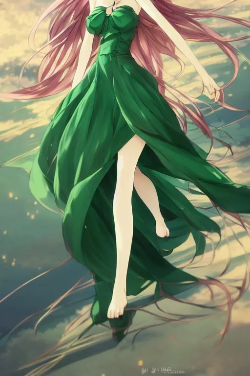 Prompt: anime woman fullbody art, wearing a green pretty dress, digital art, character concept, head fully visible, attractive, illustrious clothes, High Details, Cinematic, WLOP, Rossdraws, James Jean, Andrei Riabovitchev, Marc Simonetti, Yoshitaka Amano, Thomas Kinkade, Makoto Shinkai, ArtStation, CGSociety, trending on artstation