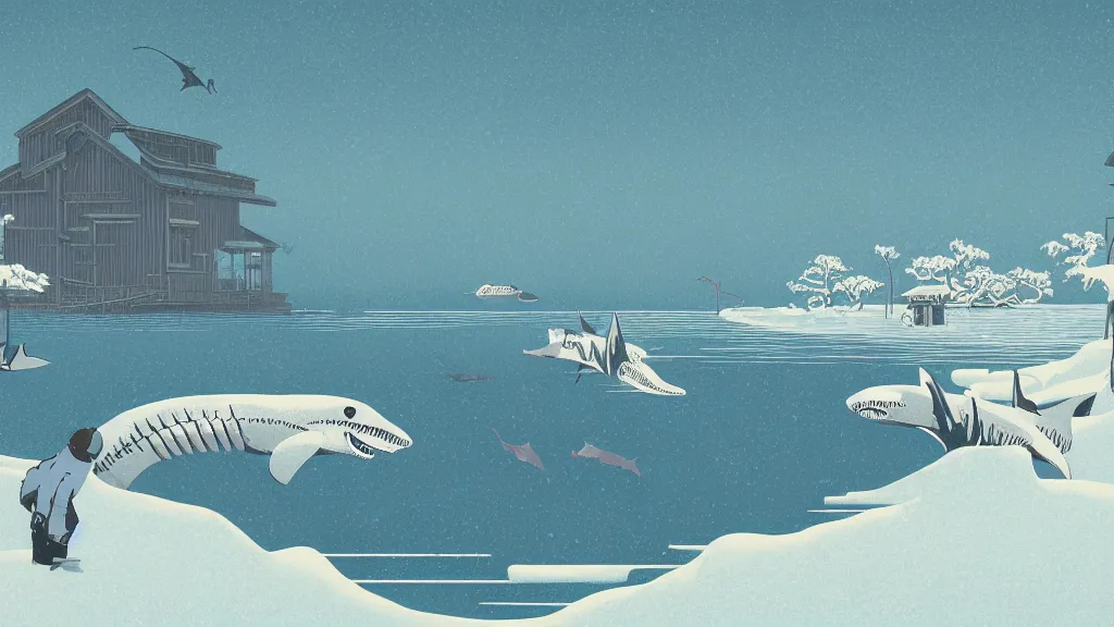 Image similar to A winter in hell, sharks surfacing from the lake, flat design, screen print by Kawase Hasui and dan hillier, 8k unreal engine