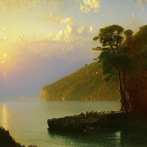 Image similar to scenic view of a Mediterranean small harbor, overcast dawn, painting by albert bierstadt thomas cole craig mullins