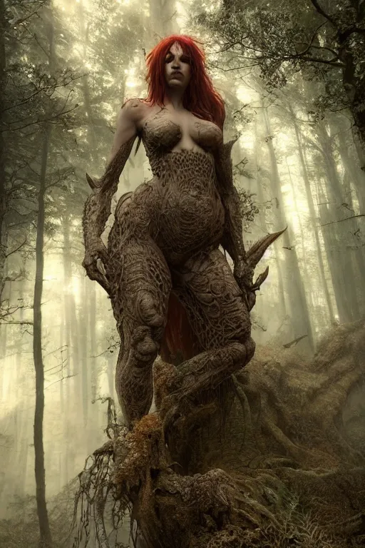 Image similar to fat devil in the woods, intricate, ethereal, by luis royo, hyper detailed, weta digital, ray trace, unreal engine, trending on artist, beautifully lit, cinematic, soft light, photorealistic, volumetric, realistic, glossy, 8 k post - production, masterpiece, luxury, smooth