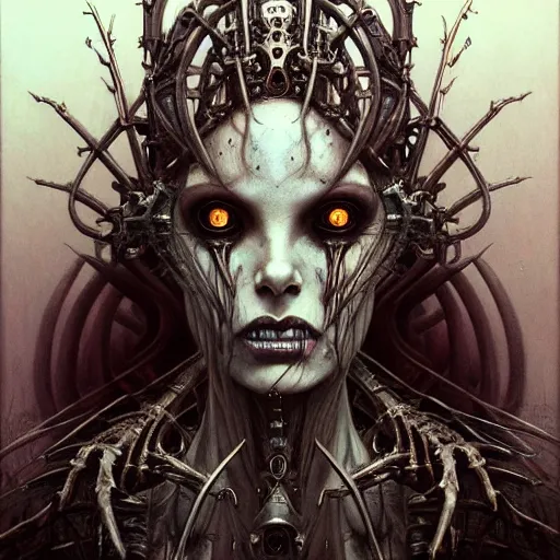 Prompt: a portrait of a beautiful biomechanical queen of vampires, horror concept art by giger and beksinski and szukalski and wlop and pete mohrbacher, digital art, highly detailed, intricate, sci-fi, sharp focus, Trending on Artstation HQ, deviantart, unreal engine 5, 4K UHD image