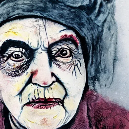 Prompt: close - up of queen elizabeth face painted as an old beggar by ralph steadman