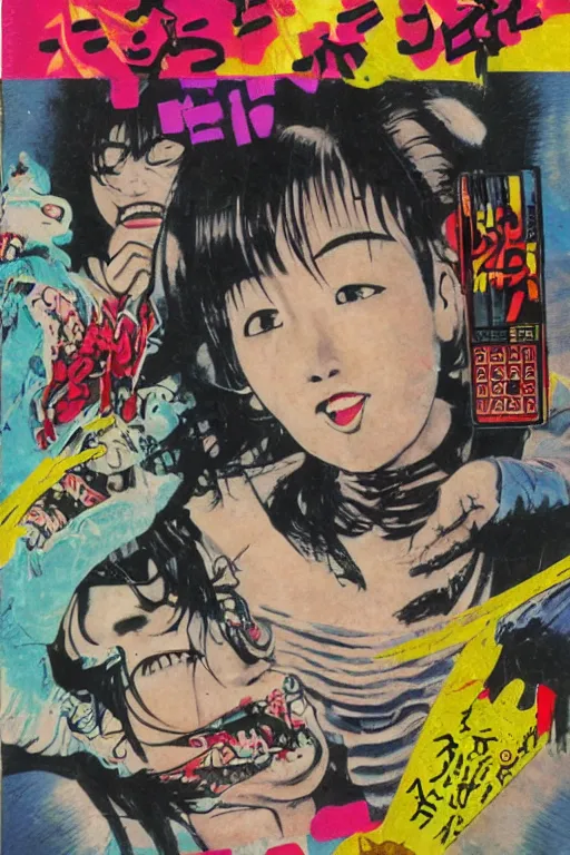 Prompt: japanese graffiti horror vhs cover art, detailed facial expressions