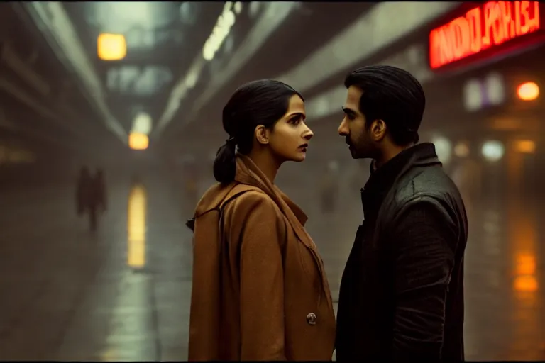 Prompt: film still of closeup beautiful model indian couple in blade runner 2 0 4 9, train station, cinematic, moody, gritty neon noir by emmanuel lubezki