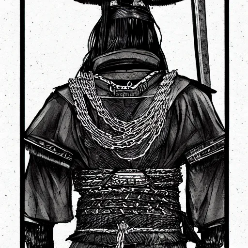 Image similar to A PORTRAIT FROM BEHIND OF A SAMURAI ,THE THE MAN IS WRAPPED IN CHAINS ,detailed, concept art, ink style , sketch