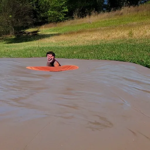 Image similar to a man gliding down a brown pudding slip n slide