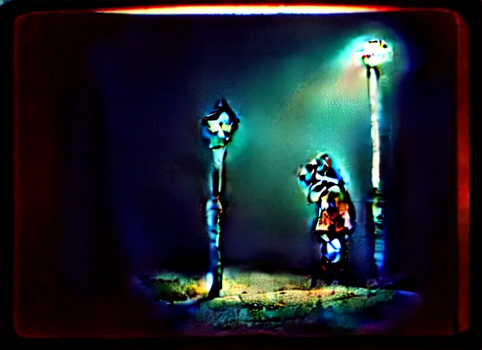 Prompt: a thin scary clown in torn clothes stands under a lamppost that shines a blue light on the clown, pitch darkness around the post, everything happens at night in an old Soviet village, the photo was taken from afar, Colourful, Cinematic, filmic, 35mm, dark atmosphere, horror, scary, Wildlife photography, Polaroid, bad quality