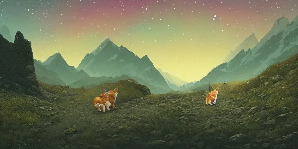 Prompt: A corgi hiking with a backpack in the mountains, stars filled sky, artstation, intricate, highly detailed, digital painting, sharp focus, illustration by Michael Whelan and Simon Stalenhag