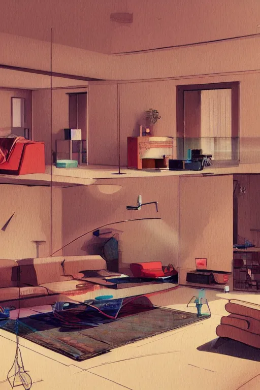 Prompt: a detailed concept art of a modern living room, by moebius, by beeple