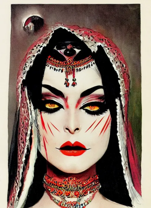 Image similar to female indian vampiress, jeweled veil, heavy mascara, strong line, saturated color, beautiful! coherent! by frank frazetta, high contrast, minimalism