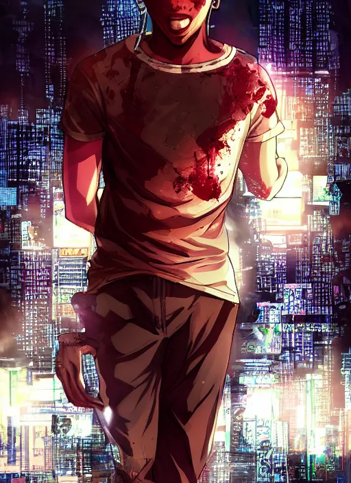 Prompt: manga cover, bloodied bald african-american male teenager wearing a white tank-top, intricate cyberpunk city, emotional lighting, character illustration by tatsuki fujimoto