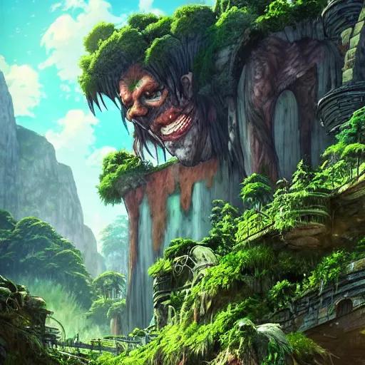 Prompt: a giant troll in city ruins overtaken by vegetation in anime style highly detailed by makoto Shinkai and Raphael Lacoste