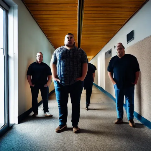 Image similar to Overweight men standing in a corridor