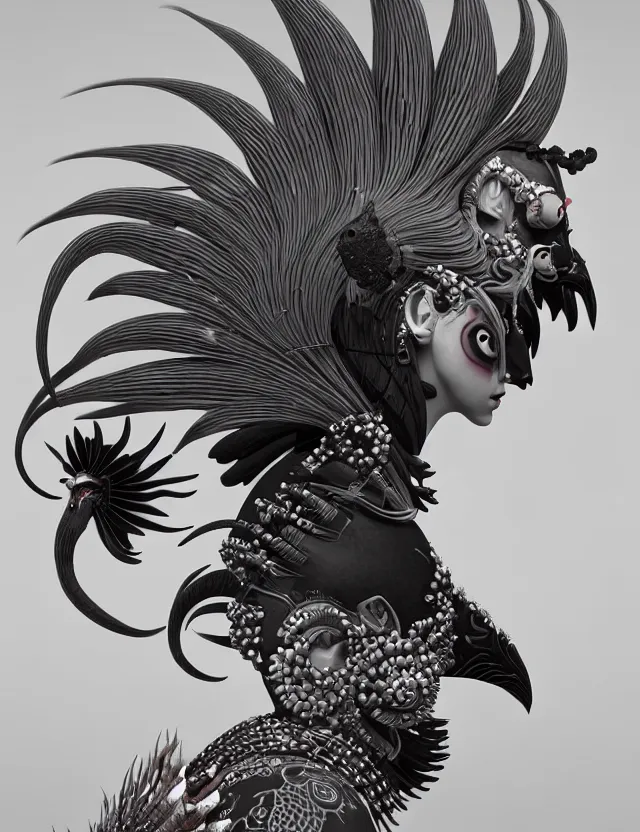 Image similar to 3 d goddess close - up profile portrait punk with mohawk with ram skull. beautiful intricately detailed japanese crow kitsune mask and clasical japanese kimono. betta fish, jellyfish phoenix, bio luminescent, plasma, ice, water, wind, creature, artwork by tooth wu and wlop and beeple and greg rutkowski