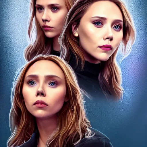 Prompt: ((((Scarlett Johansson)))) and Elizabeth Olsen!!!!!!!!! crossbreed, illustrated and rendered by Xie Boli, trending on artstation, 4k, 8k, photorealistic imagery, photorealistic details, intricate, highly detailed