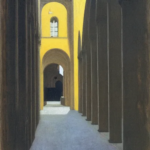 Image similar to in the distance, a little girl with short black hair and wearing a yellow coat alone in the inner courtyard of a cloister in an abbey, the light is bright and wintry, painting by hopper and de chirico