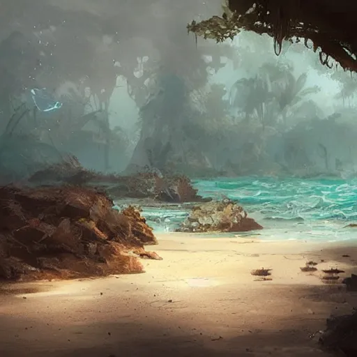 Image similar to a mystic sea in the jungle, there are many ancient crabs, by greg rutkowski, trending on art station