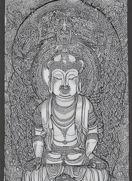 Image similar to detailed pen and ink illustration of a Buddhist bodhisattva with a bears head, anthropomorphic, all drawn with micron, seated in royal ease, 0.2 black micron pen on white paper, highly detailed, fine pen work, white background, in the style of Olivia Kemp