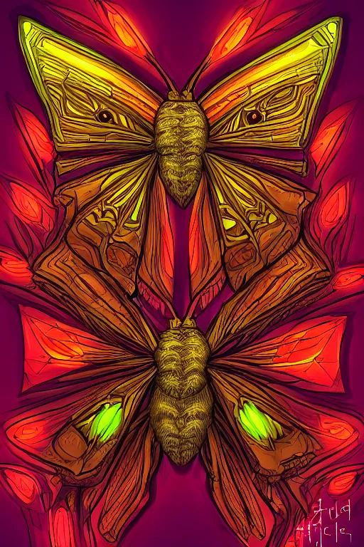 Prompt: moth monster, glowing, symmetrical, highly detailed, digital art, sharp focus, trending on art station, anime art style