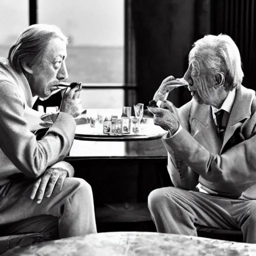 Image similar to jean rochefort and mathieu amalric, symmetric, realistic, realism, early 2 0 th century gentlemen, sitting at coffee table, smoking a cigar.