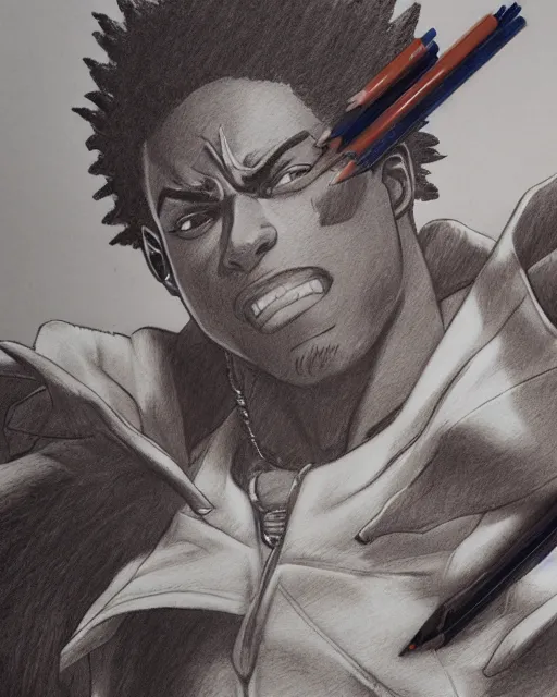 Image similar to a very detailed pencil drawing of kodak black in demon slayer manga panel, action lines, greg rutkowski, in field high resolution, dynamic pose, landscape, medium portrait, action, hyper realistic, manga, koyoharu gotouge, sakuga