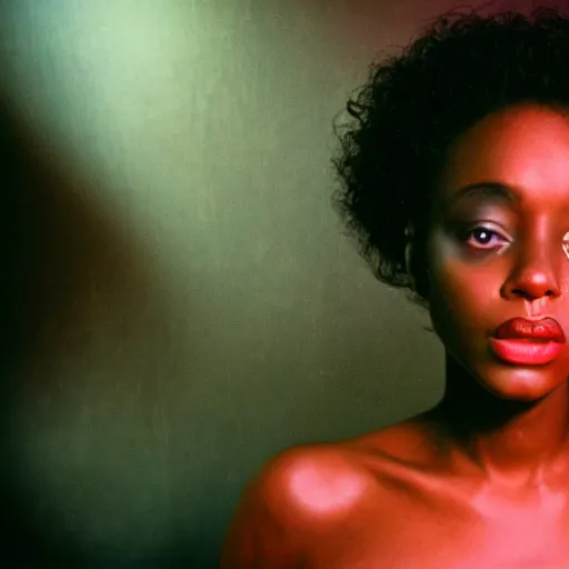 Image similar to beautiful black woman, in darkness, horror terrifying, surreal realistic, hyper details, irwin penn, full HD, 8k