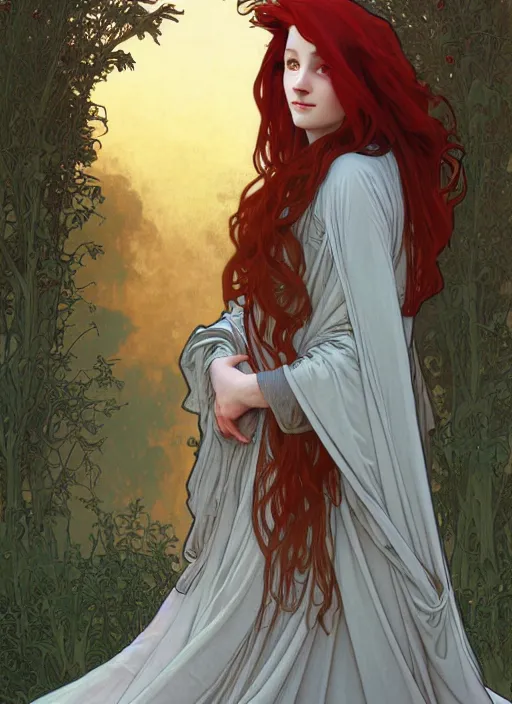 Image similar to beautiful young woman with long red hair watches the sunrise while wearing a grey cloak and hood, path traced, highly detailed, high quality, digital painting, by alphonse mucha, disney