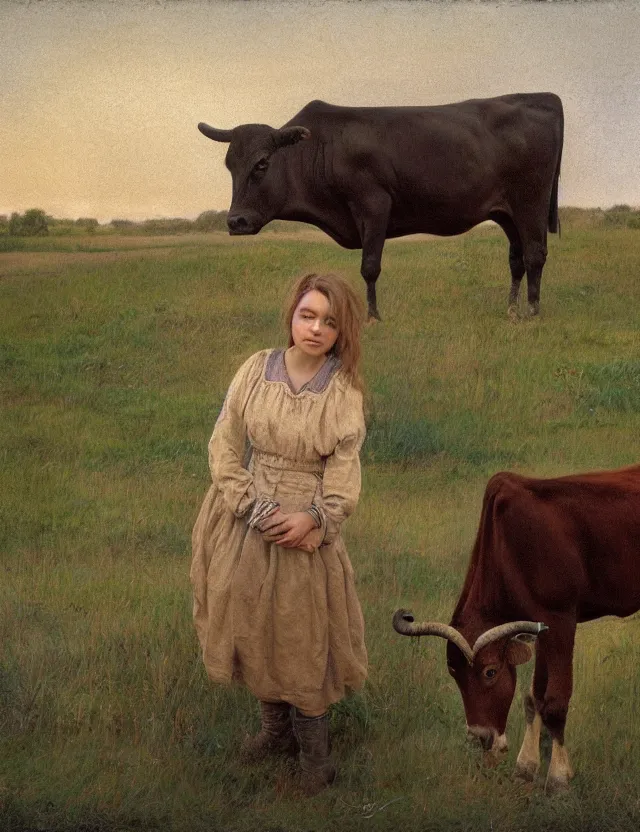 Image similar to portrait of peasant girl and cow on a farm, cottage core, polaroid photo bleached vintage pastel colors high - key lighting, soft lights, foggy, by steve hanks, by lisa yuskavage, by serov valentin, by tarkovsky, 8 k render, detailed, oil on canvas