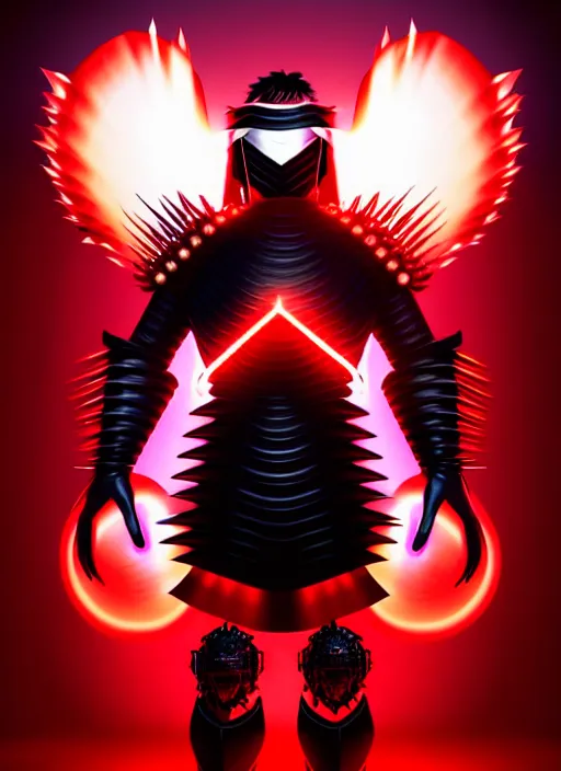 Image similar to a striking cinematic full body manga portrait of a long black haired masked male teenager wearing imposing red jagged spiked plate armour and glowing with raging powerful red energy by hirohiko araki and beeple, fine details, digital art, character concept art, volumetric lighting, cinematic light, photorealistic