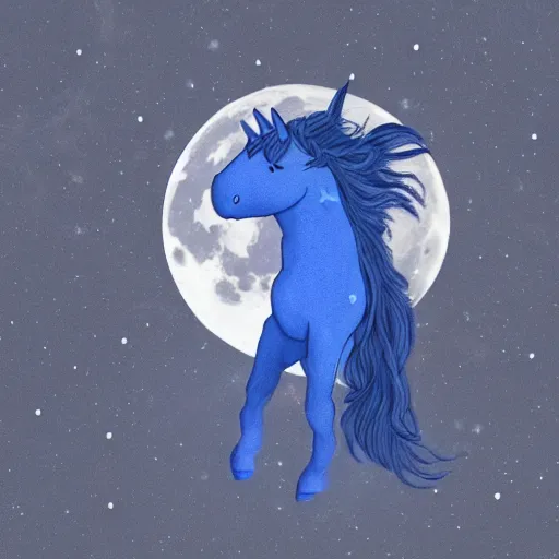 Image similar to A lonely dark-blue unicorn with wings sits on the moon's surface, sitting in the moon dust crying