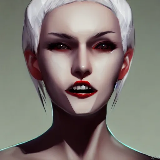 Prompt: Young woman, white hair, black eyes, sharp teeth, pointy ears, pale skin, trending on artstation