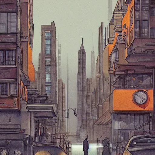 Prompt: a tall man standing next to a huge car in a street, urban city in the background, people walking in the distance, reflections on wet streets, dieselpunk style, steampunk, art by juan gimenez ; architecture by francois schuiten, skyscraper, beautiful illustration, drawing, painting, clean lines, digital art, symmetric, colorful retrofutur, artstation