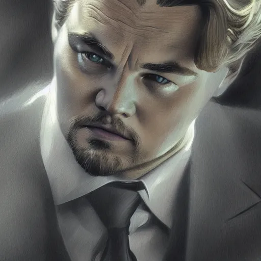 Image similar to full figure ultra realistic illustration, leonardo dicaprio as business man, intricate, elegant, highly detailed, digital painting, artstation, concept art, smooth, sharp focus, illustration, art by artgerm and greg rutkowski and alphonse mucha