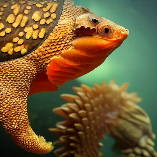 Image similar to a Goldfish with the armor of a pangolin, national geographic photograph