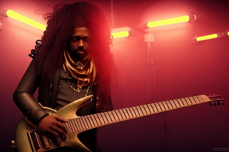 Prompt: a steampunk black man with long curly hair, playing electric guitar at a night club, focus on the musicians, cinematic lighting, exaggerated detailed, unreal engine, octane render, trending on artstation, art by greg rutkowski, 4 k