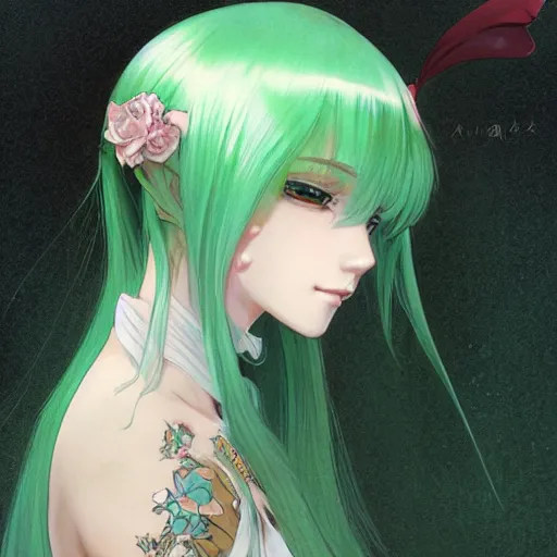 Image similar to adult girl with long light green hair, light green eyes, a small pigtail on the left side, chinese dress, anime style, hyper detailed, illustration, digital painting, art by artgerm and greg rutkowski and alphonse mucha, high delicate defined details, anime stylized, highly detailed, realistic, sharp focus