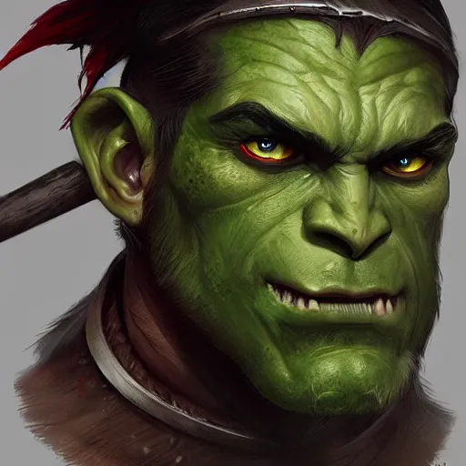 Prompt: portrait of an orc barbarian with green skin and red eyes with white pupils, D&D, fantasy artwork of a single character, highly detailed, digital painting, artstation, smooth, sharp focus, illustration, art by artgerm and greg rutkowski and alphonse mucha