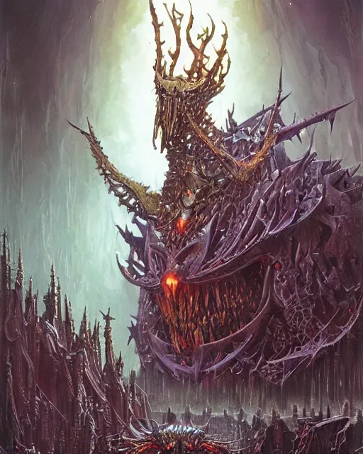 Image similar to biomechanical warhammer final boss creature vecna, art by bruce pennington and peter mohrbacher