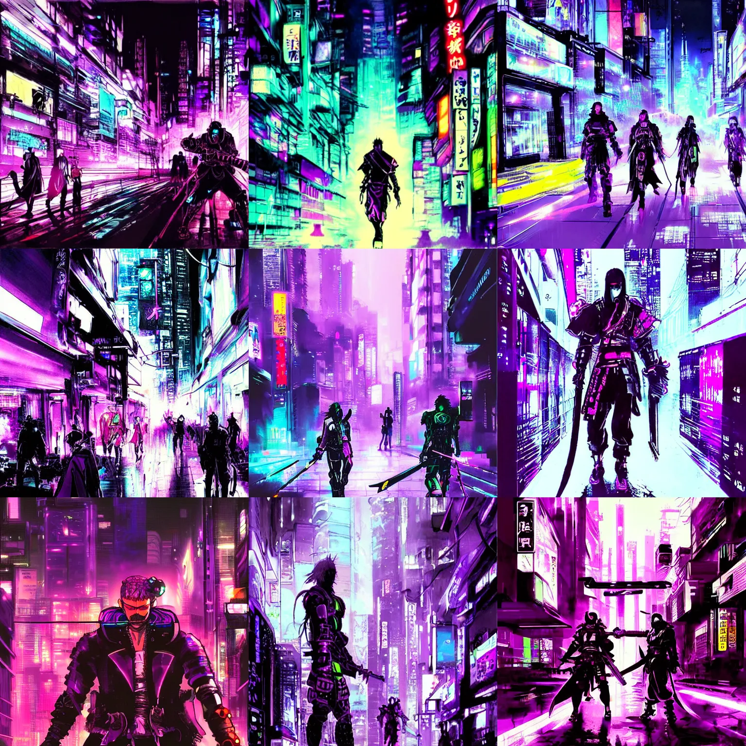 Prompt: cyberpunk samurai drawing their sword in a futuristic neon city night covered in purple steam, colourful painting by yoji shinkawa