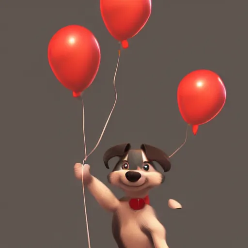 Image similar to puppy flying holding balloons, 8k, fantasy, intricate, cinematic lighting, highly detailed, digital painting, artstation, concept art, smooth, sharp focus, illustration, by Pixar