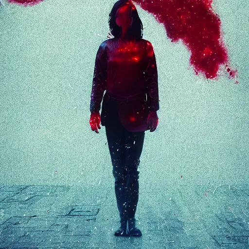 Image similar to masterpiece portrait of an aesthetic beautiful realistic black haired woman protester, 3 0 years old woman, mid long hair, black eyed, cinematic light, digital painting by wlop, atmospheric red effects, sparkles, 4 k, octane render, artstation, deviantart, large view, red color scheme, revolution, motion blur