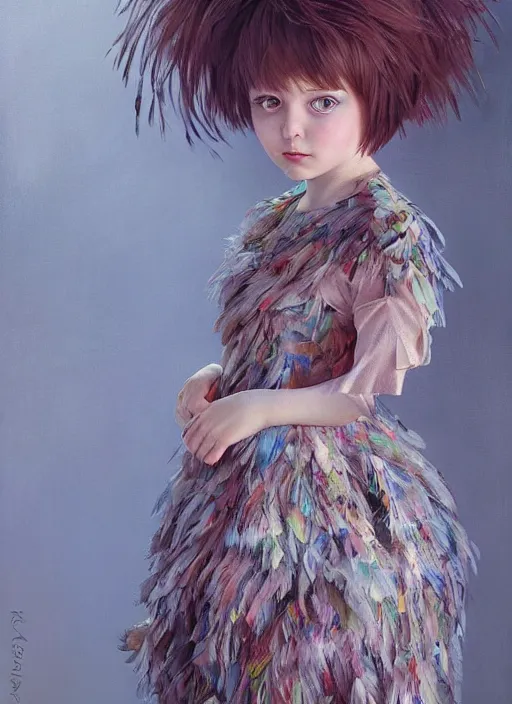 Image similar to little girl with an eccentric haircut wearing an dress made of feathers, artwork made by ilya kuvshinov and donato giancola